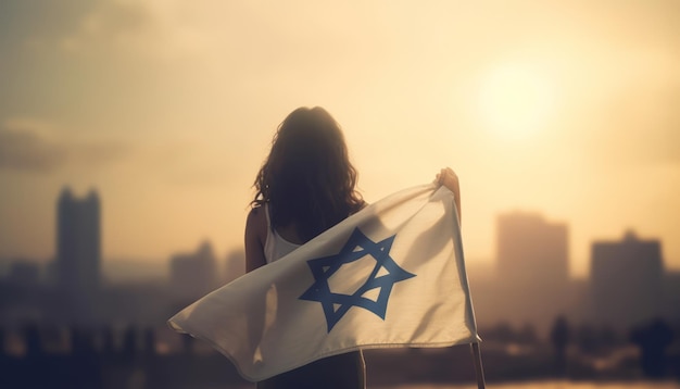 Решительная женщина поднимает флаг Израиля