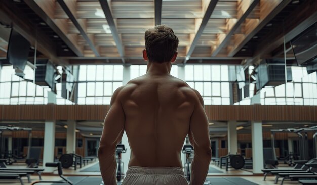 Determined young adult at contemporary gym preparing for a workout