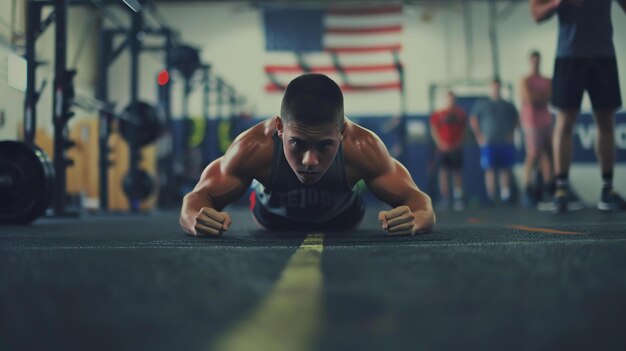 Photo determined young athlete doing pushups in a gym