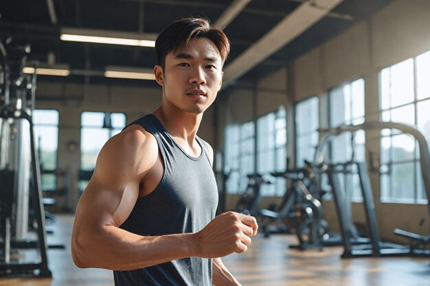 Photo determined young man in gym ready for workout