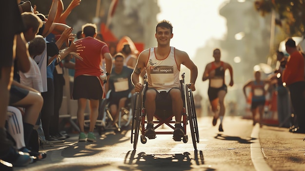 Foto giovane determinato in sedia a rotelle che corre una maratona circondato da altri corridori