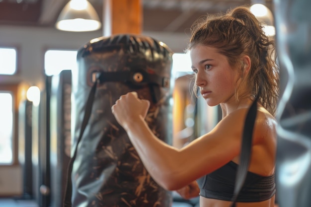 Determined young woman practicing kickboxing in gym