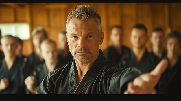 A determinedlooking middleaged man in a black martial arts uniform stands in a wooden dojo with a group of younger men in the background