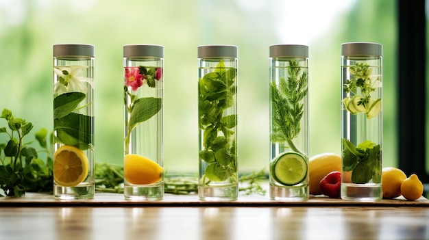 Detox drinks in beautiful jars are on the table against a blurred background eco products generative