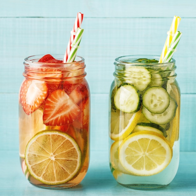 Detox fruit infused water Refreshing summer homemade cocktail selective focus