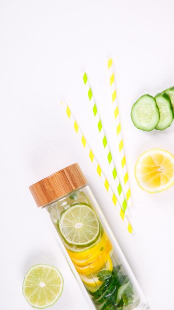 Detox Infused Water with Lemon. Summer refreshing drink.n.selective focus.