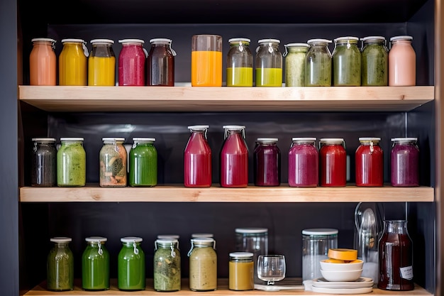 Detox juice bar with a variety of freshly pressed juices and smoothies created with generative ai