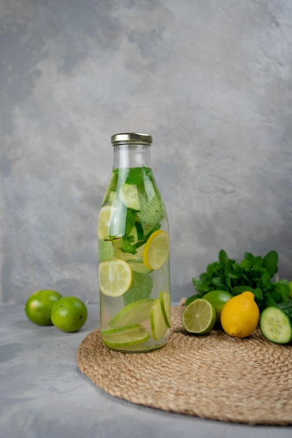 Detox Sassy water with lemon, cucumber, mint. A bottle of clean, cool and fresh drink stands on a gray concrete background with ingredients on board. Strengthening immunity, diet.