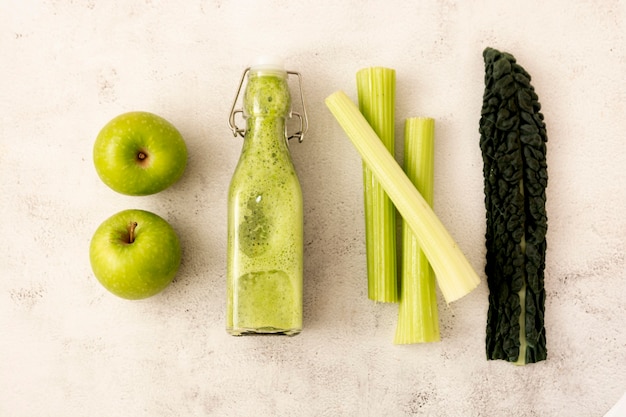 Detox smoothie with green apples and kale leaves. Detox, dieting, clean eating.