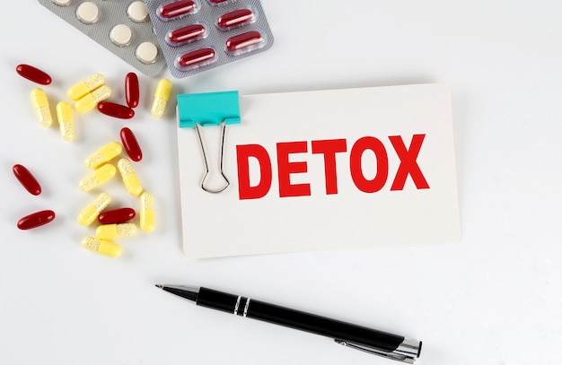 DETOX text written in a card with pills Medical concept