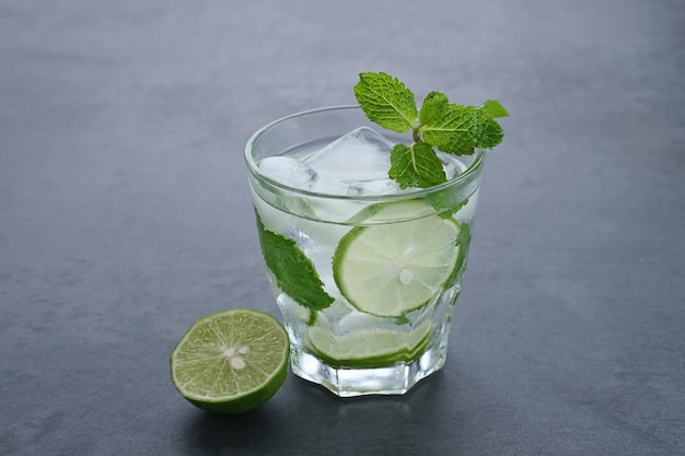 Detox water infused with lime and mint for health Space for text