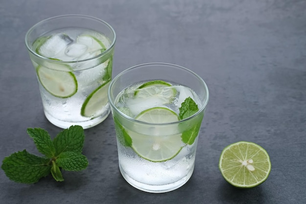 Detox water infused with lime and mint for health Space for text