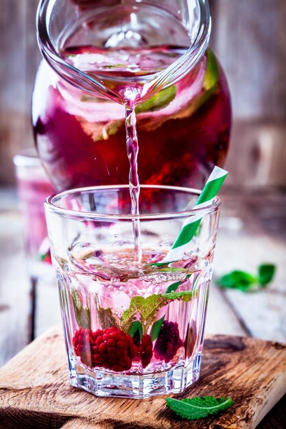 Detox water with blackberry and mint in a glass