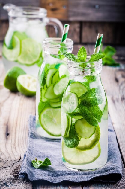 Detox water with cucumber lime and mint in bottles