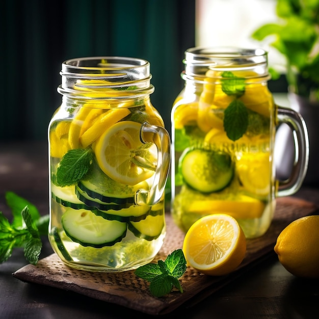 Detox Water with Lemon and Cucumber in Glass Jars Generative AI