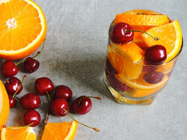 Detox water with orange and cherries.