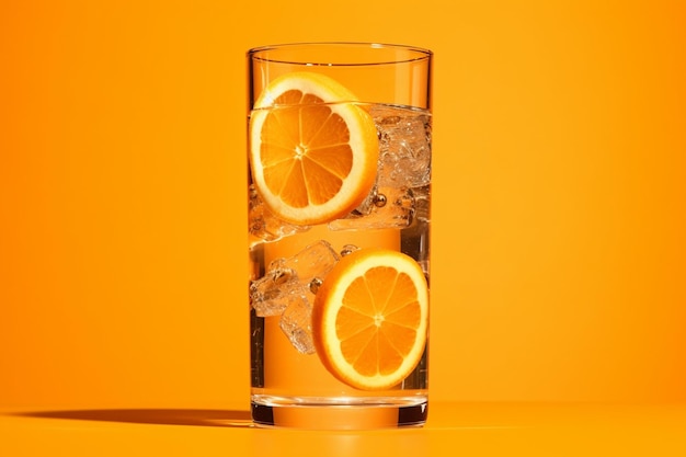 Detox Water with orange in a glass on an orange background