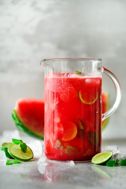 Detox water with watermelon, lime, mint and ice, copy space