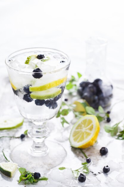 Detox watercocktail, bosbes, limoen, citroen en ijs