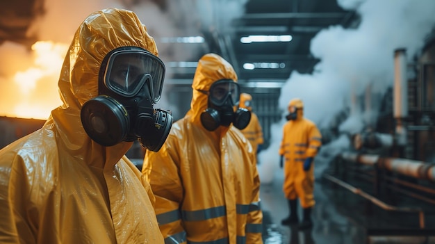 The detrimental factory workshop is being cleaned by a noxious gas leak safety crew and space Generative AI