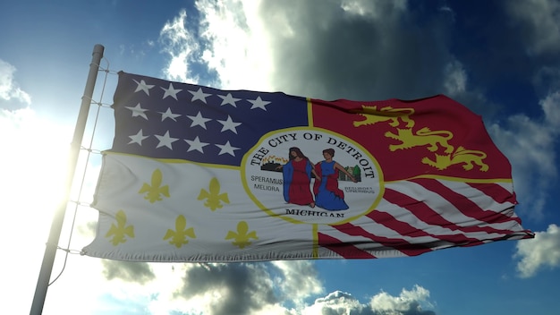 Detroit city flag, city of USA or United States of America, waving at wind in blue sky. 3d rendering