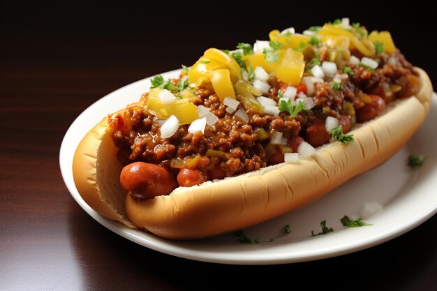 Photo detroit coney dog hot dog with savory meat sauce mustard and onions