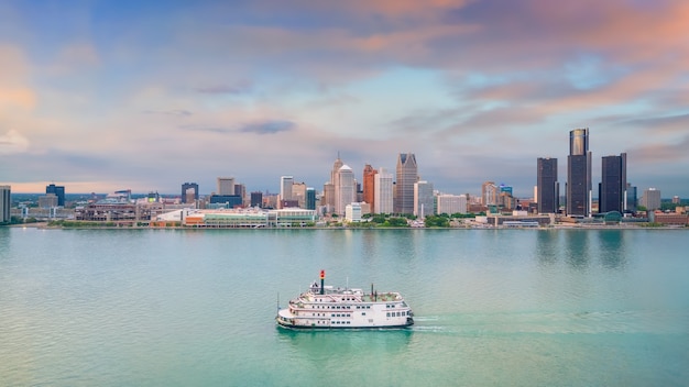 Detroit skyline in Michigan, USA at sunset shot from Windsor, Ontario Canada