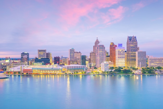 Detroit skyline in Michigan, USA at sunset shot from Windsor, Ontario Canada