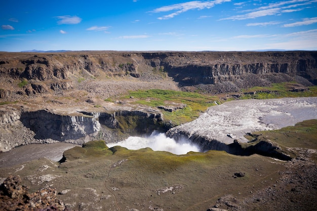 Dettifoss Waterfall in Iceland under a blue bright sky
