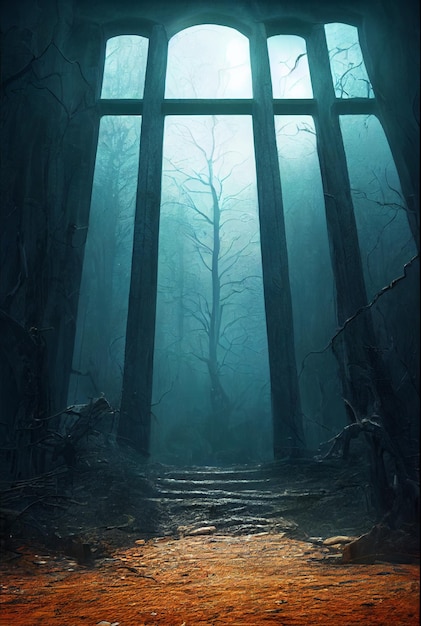 Deuropening naar het verboden bos van de surrealistische afbeelding van de doodsfantasie