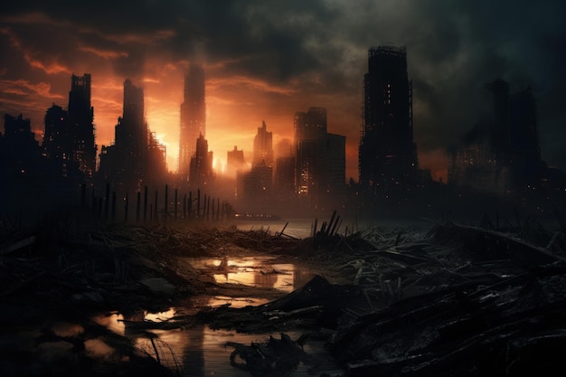 Photo devastated apocalypse city dark street war smoke generate ai