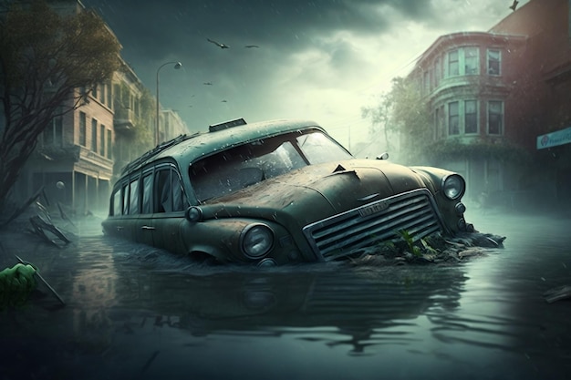 Devastated Cityscape After Hurricane Flooded Streets and Wrecked Car AI