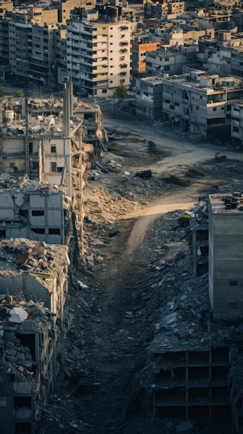 Devastated cityscape showing wartorn buildings and rubble