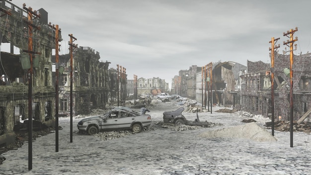 devastated and destroyed city after military operations