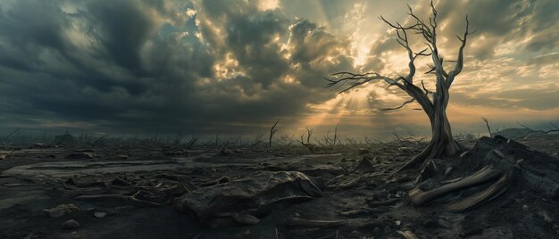 Devastated scorched earth in the valley burnt trees burnt vegetation and grass Dead landscape with the remains of large tree intense atmosphere burned charred fire