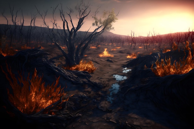 Devastated scorched earth in the valley burnt trees burnt vegetation and grass