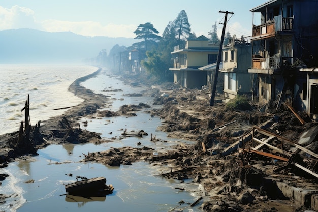 壊滅的な津波が残した巨大な破壊と混乱を描く
