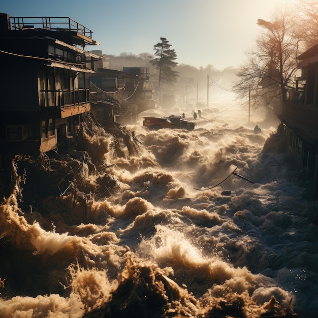 Разрушительное цунами, изображающее огромные разрушения и хаос, оставшиеся после него