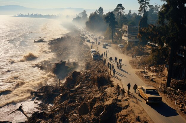 Photo devastating tsunami portraying the immense destruction and chaos left in its wake