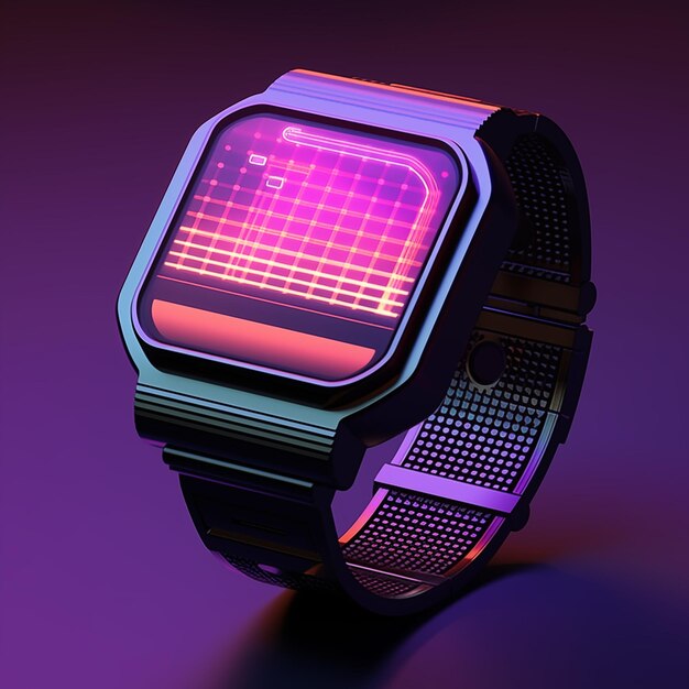 Photo develop a 3d visualization of a smartwatch with an emphasis on the vaporwave style the visualizati