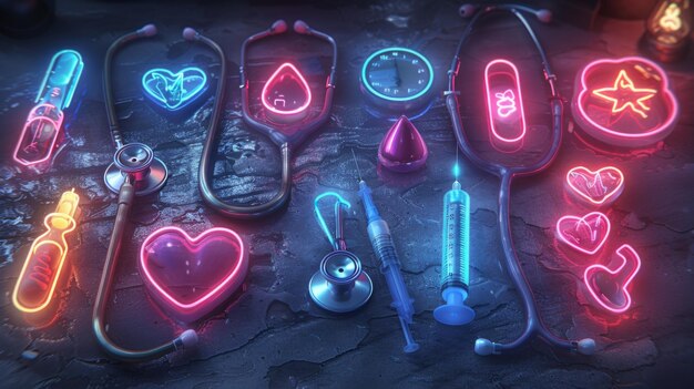 Develop a collection of neon medical object symbols including shining