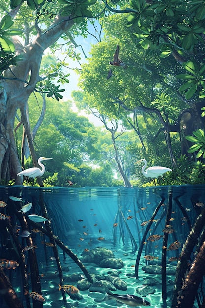 Develop a digital painting that captures the intricate ecosystem of a mangrove forest