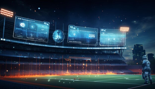 Develop a futuristic digital scoreboard with holographic displays showing player stats scores and other hightech graphics