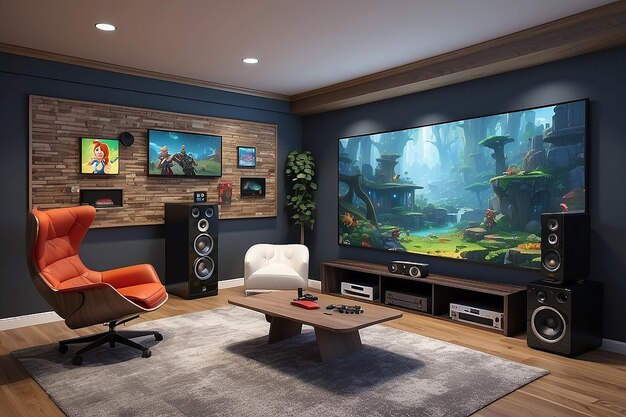 Develop a gamer room with a builtin sound system acoustic paneling and an empty wall for soundinspired artwork