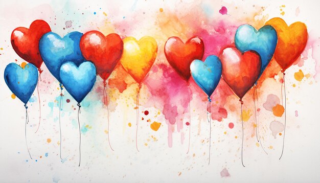 Develop heart shaped balloons with a watercolor splash effect creating a dynamic and artistic look Use a variety of colors to evoke a sense of creativity and playfulness