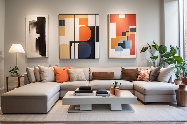 Develop a mockup of a contemporary art galleryinspired living room