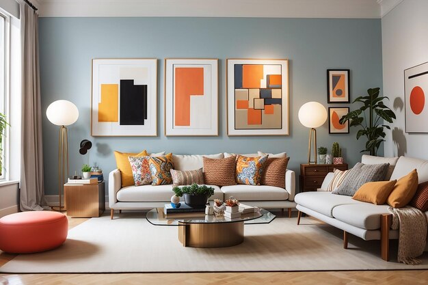 Develop a mockup of a contemporary art galleryinspired living room