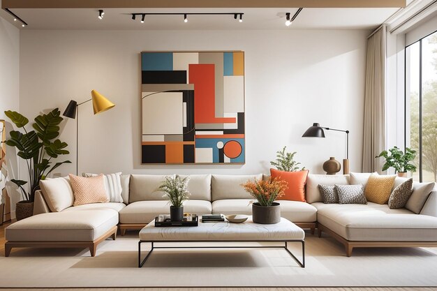 Develop a mockup of a contemporary art galleryinspired living room