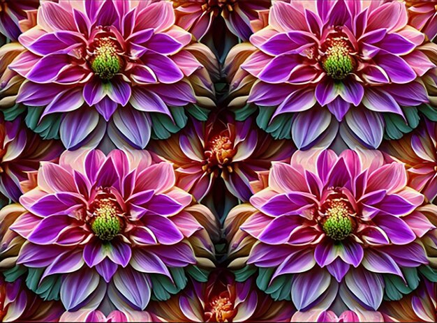 Develop a seamless pattern background showcasing a mix of delicate and intricate dahlia flowers with their vibrant colors and striking shapes