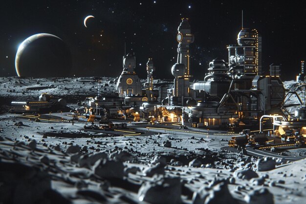 Photo develop a vision of a bustling spaceport on a dist generative ai